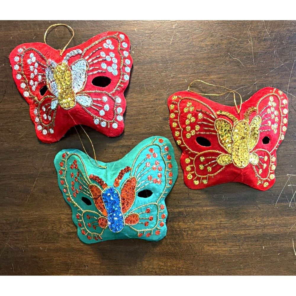 3 Sequined Butterfly Masquerade Masks Ornaments Decor Red Green Fabric w/ Loops